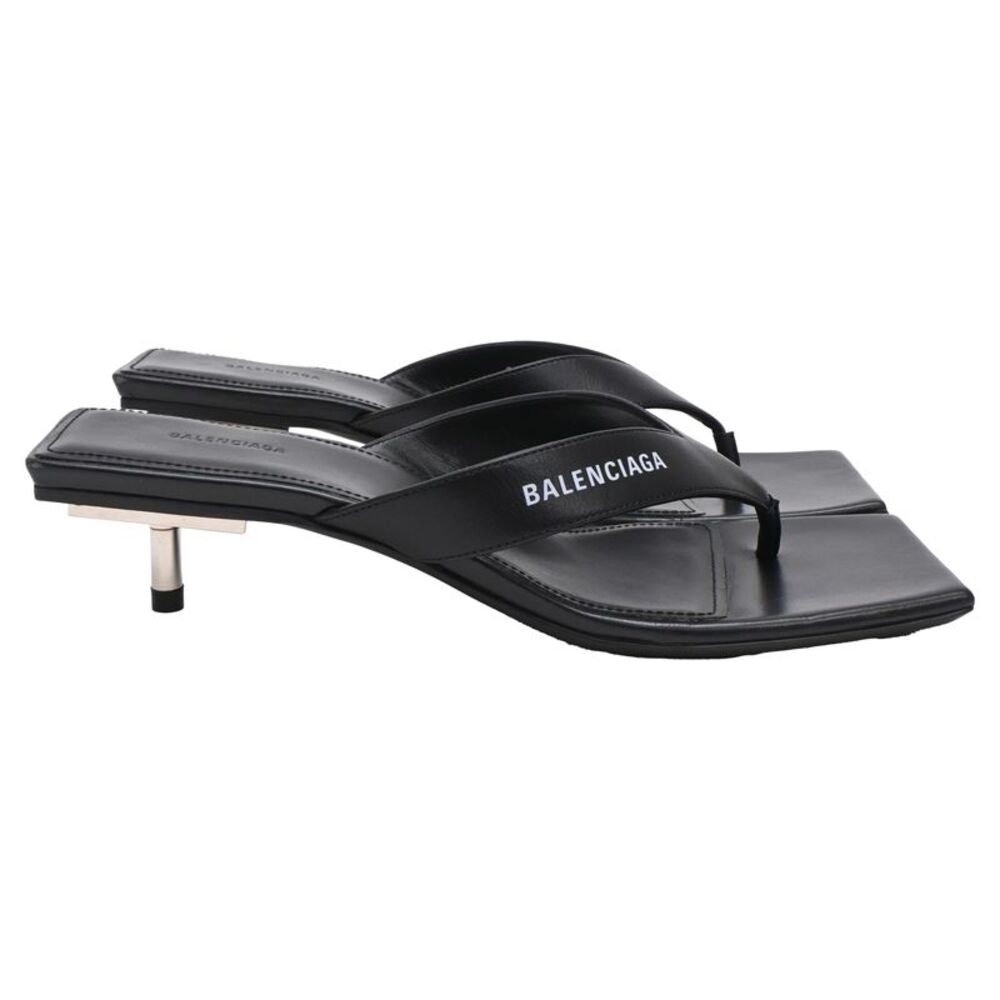 Balenciaga Square-Toe Kitten-Heel Thong Sandals in Black Leather